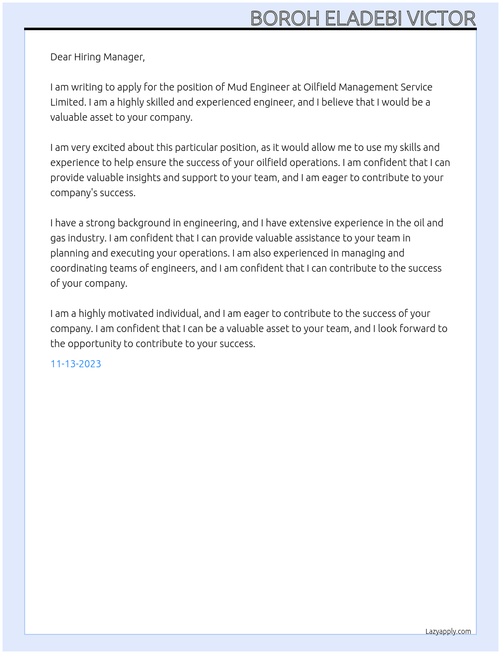 Mud engineer At Oilfield management service limited Cover Letter