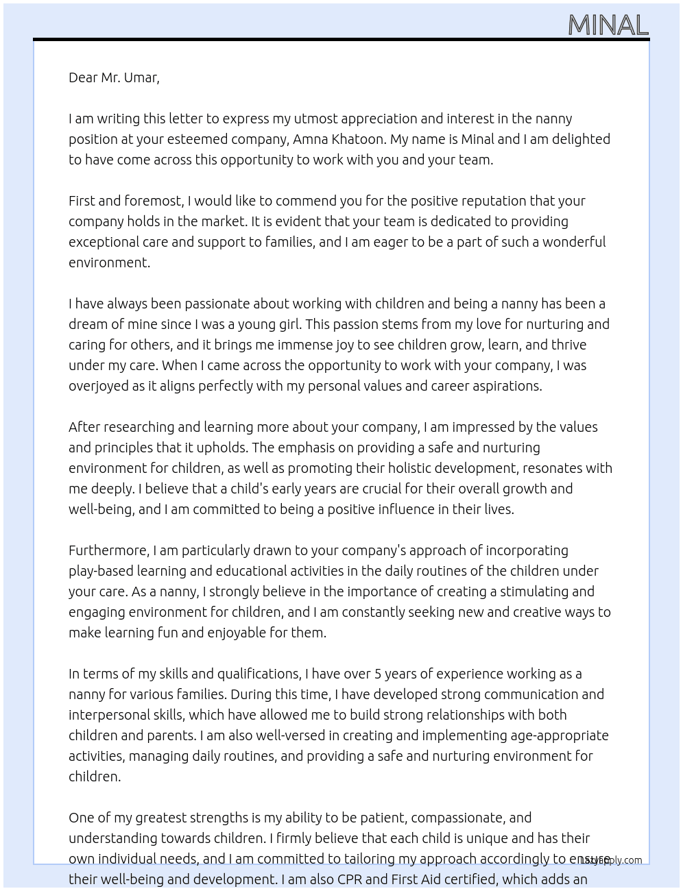 Nanny At Muhammad Umar, Amna Khatoon Cover Letter