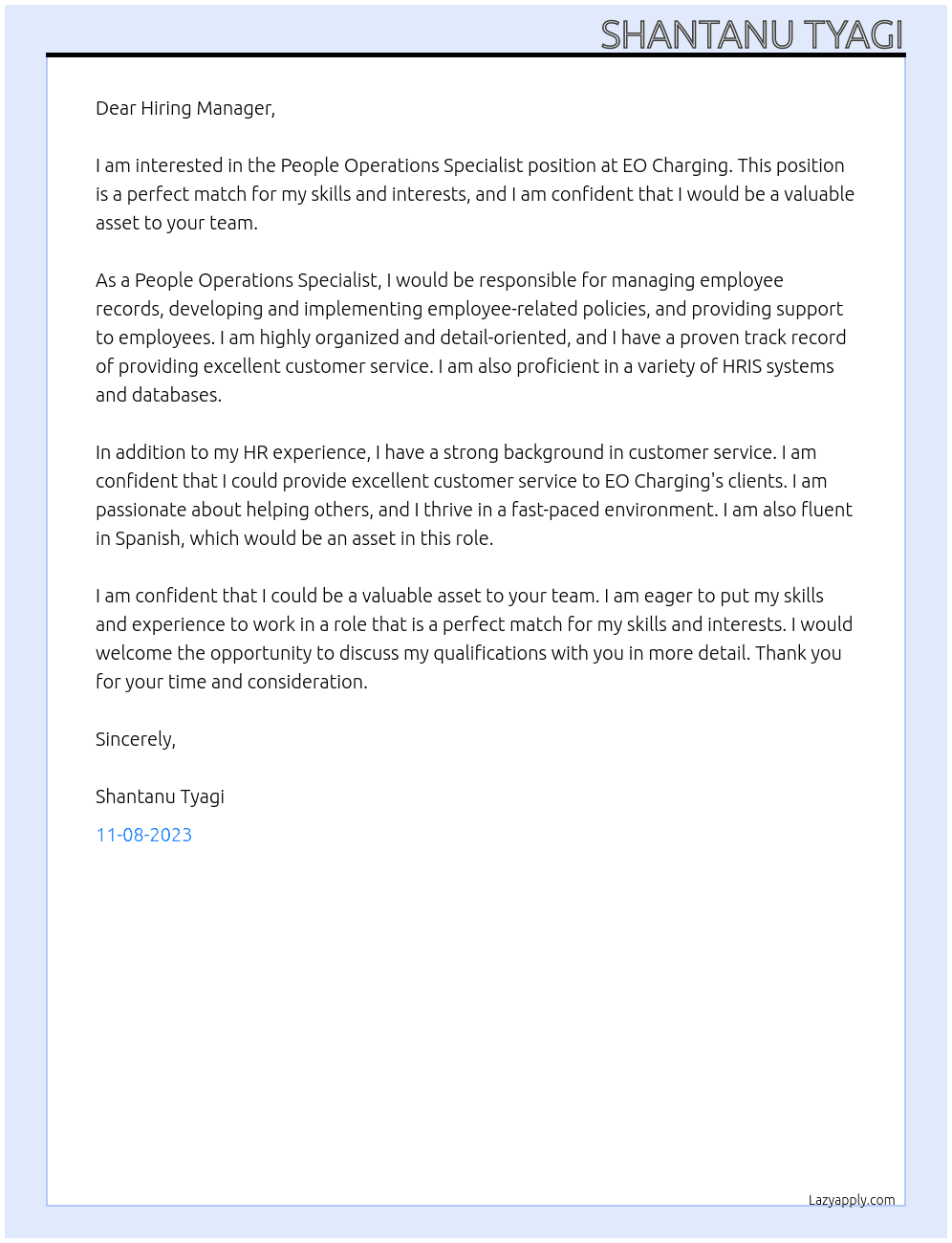 People Operations Specialist At EO Charging Cover Letter