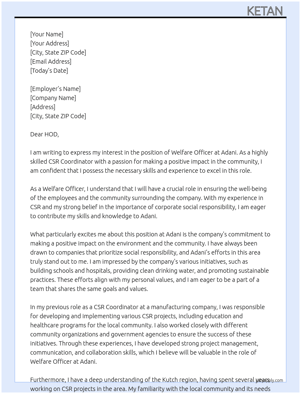 Welfare officer  At Adani  Cover Letter