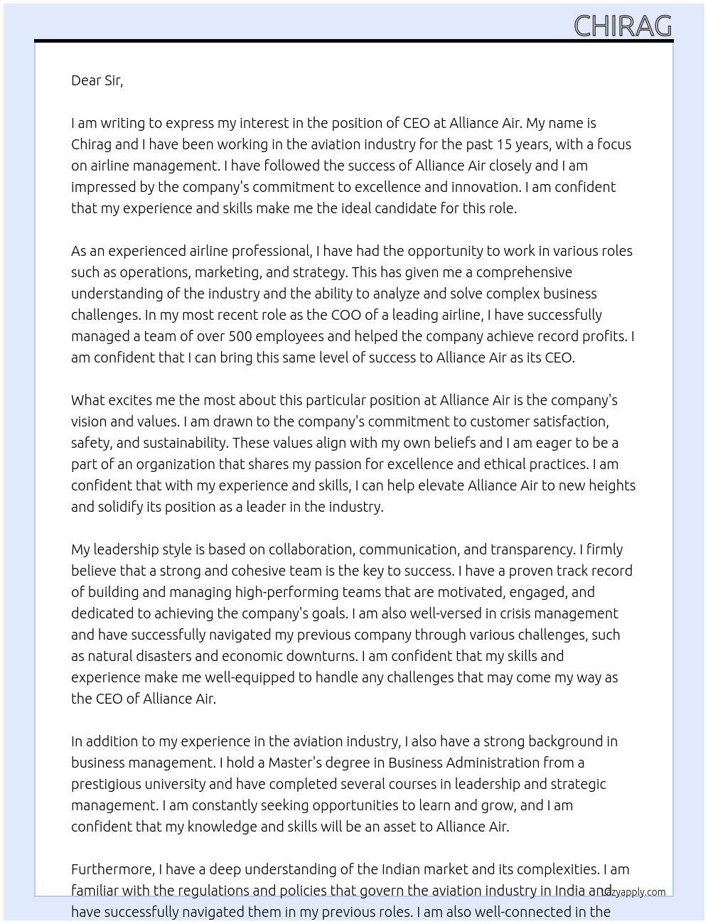 Ceo of an airline At Alliance air Cover Letter