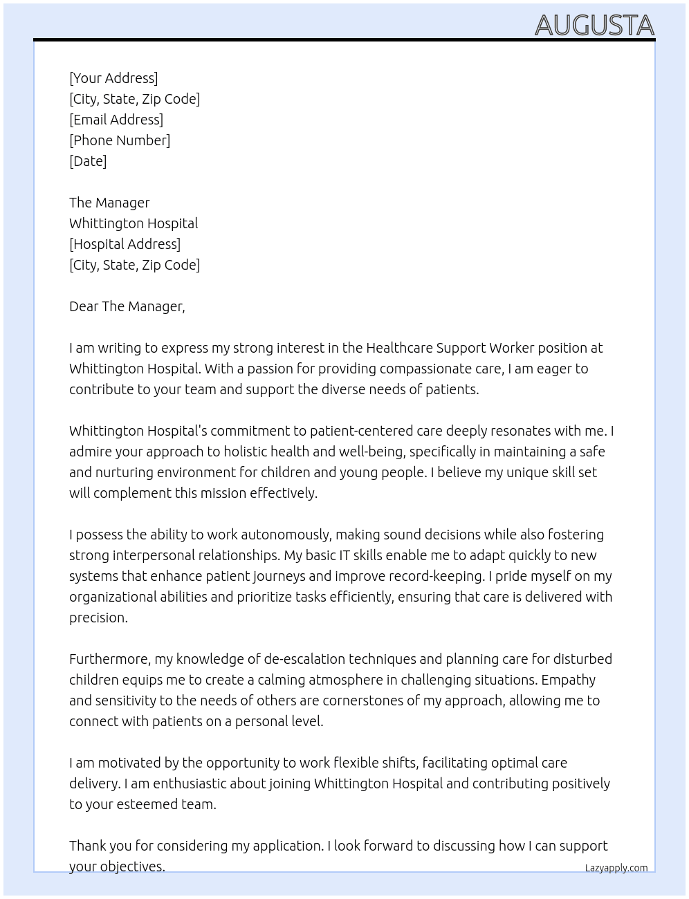 Healthcare support worker At  Whittington Hospital  Cover Letter