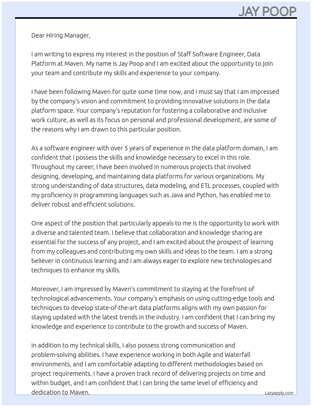 Staff Software Engineer, Data Platform At Maven Cover Letter