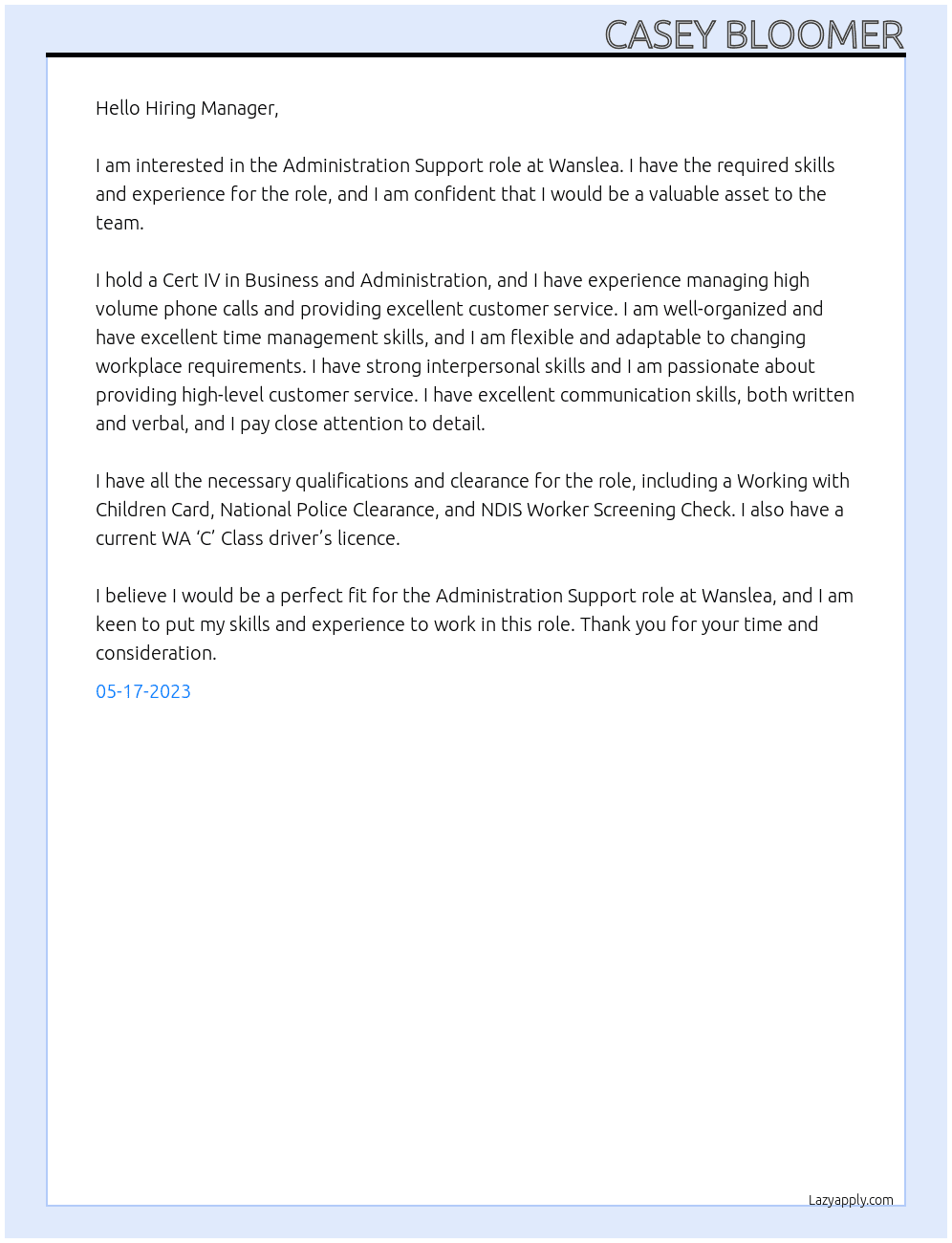 Administration Support At Wanslea Cover Letter