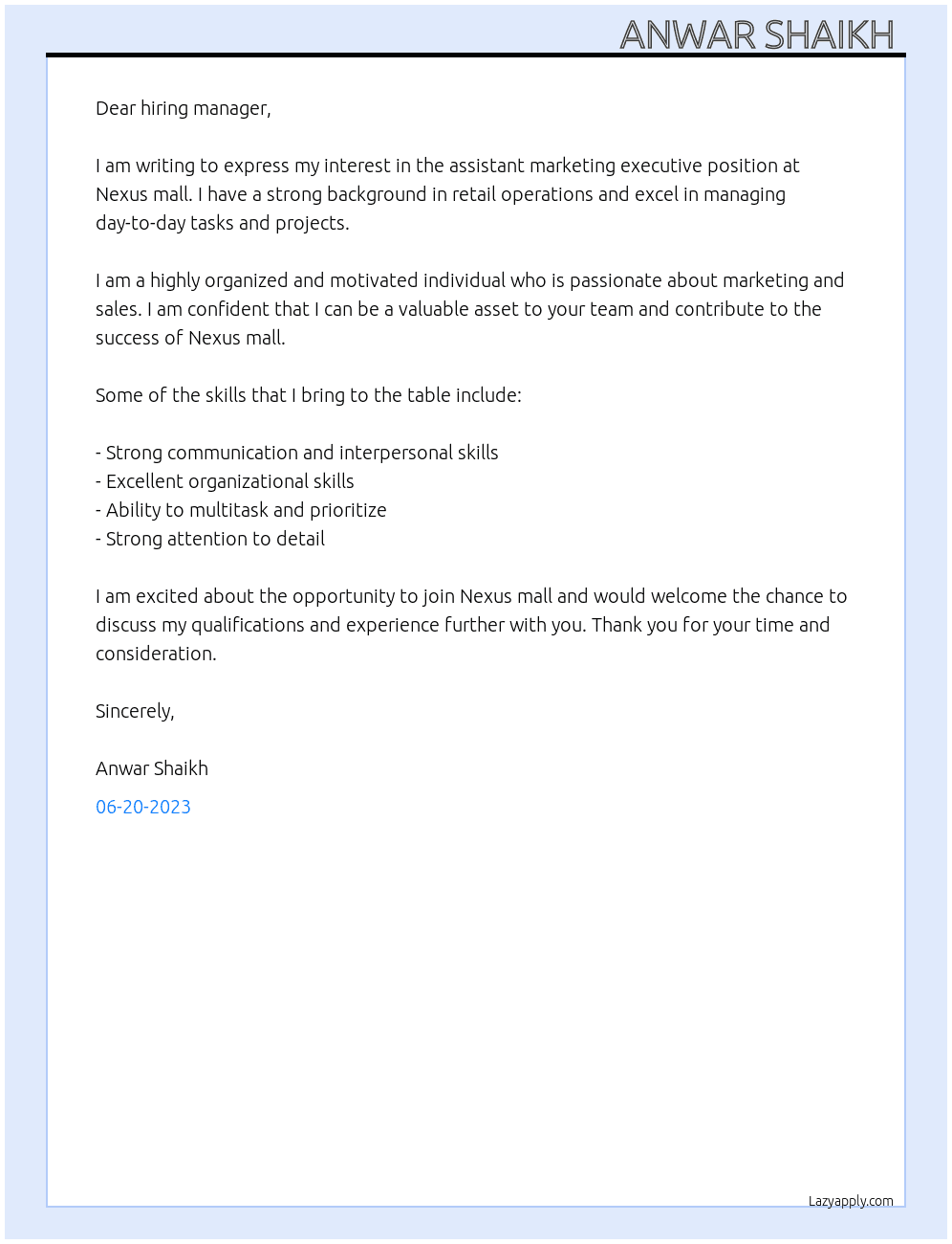 Assistant marketing executive  At Nexus mall  Cover Letter