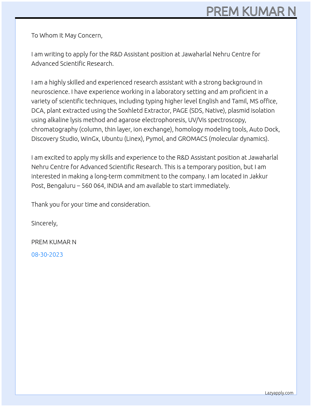 R&D Assistant  At Jawaharlal Nehru Centre for Advanced Scientific Research   Cover Letter