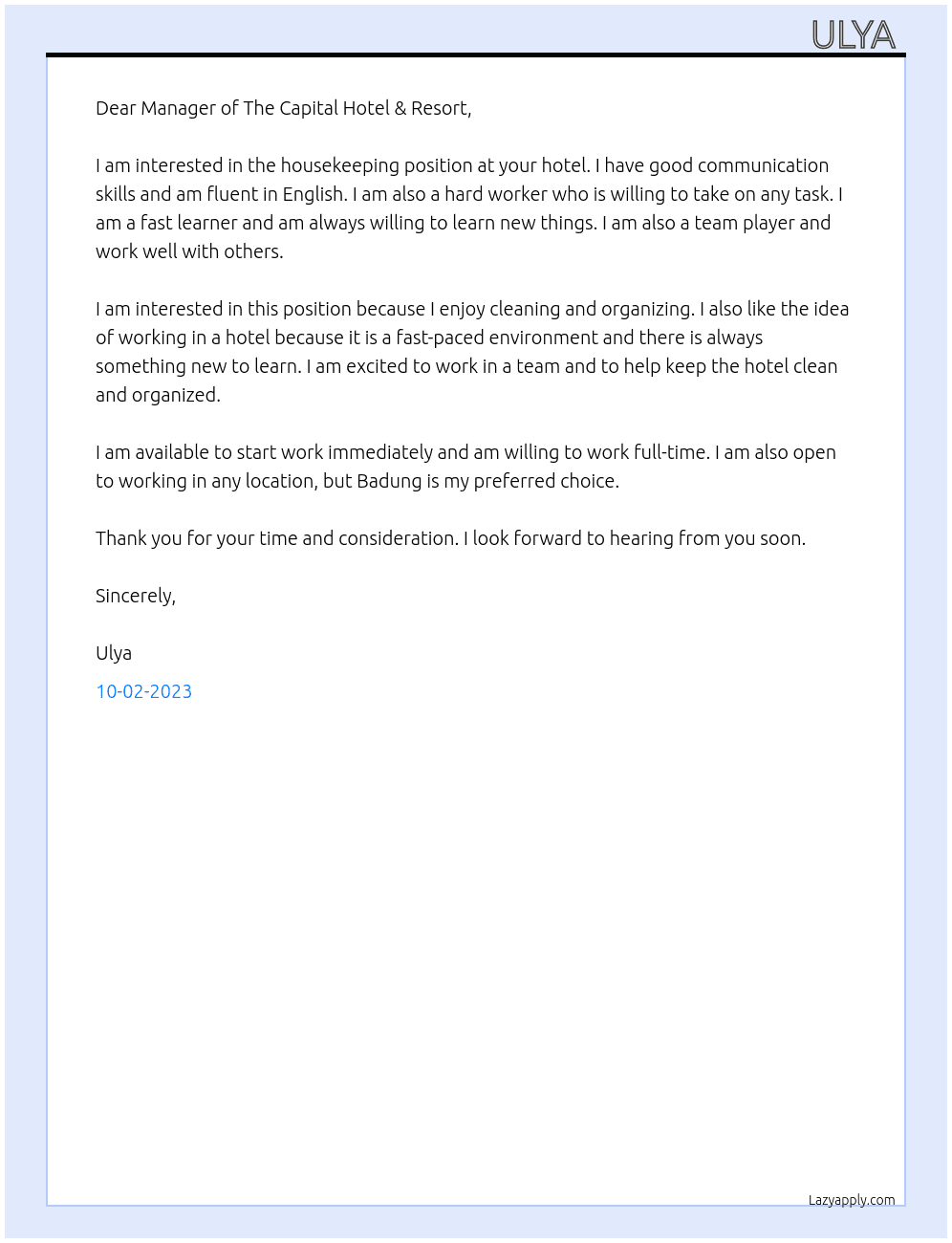 Housekeeping  At The Capital Hotel & Resort Cover Letter