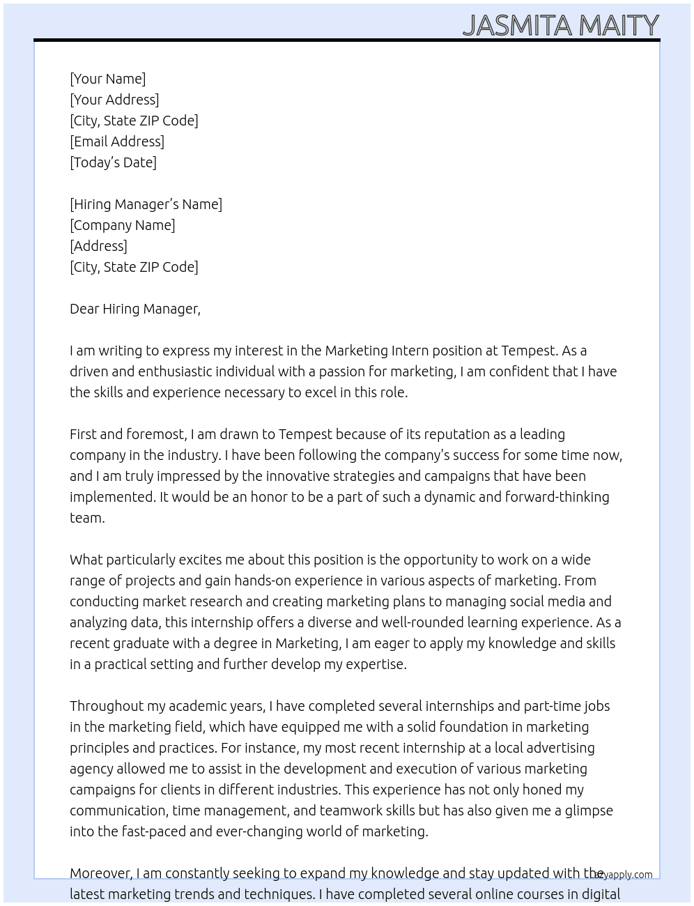 Marketing intern At Tempest Cover Letter