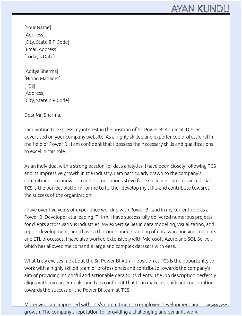 Cover letter for sr. power bi admin - LazyApply