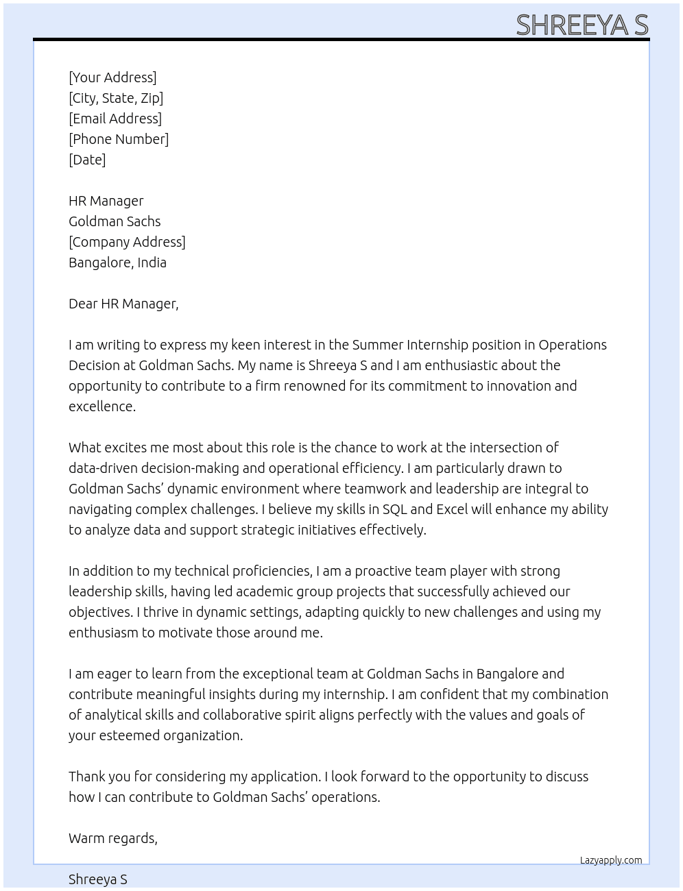 operations decision At Goldman Sachs Cover Letter