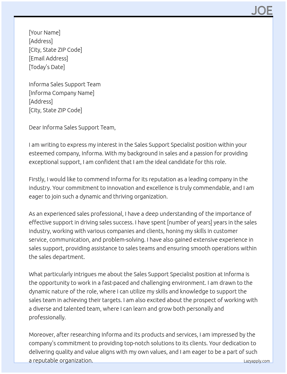 Sales Support Specialist At Informa Cover Letter