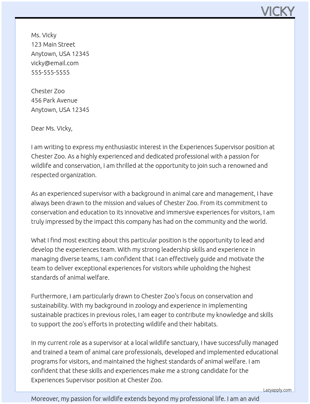 Cover letter for experiences supervisor - LazyApply