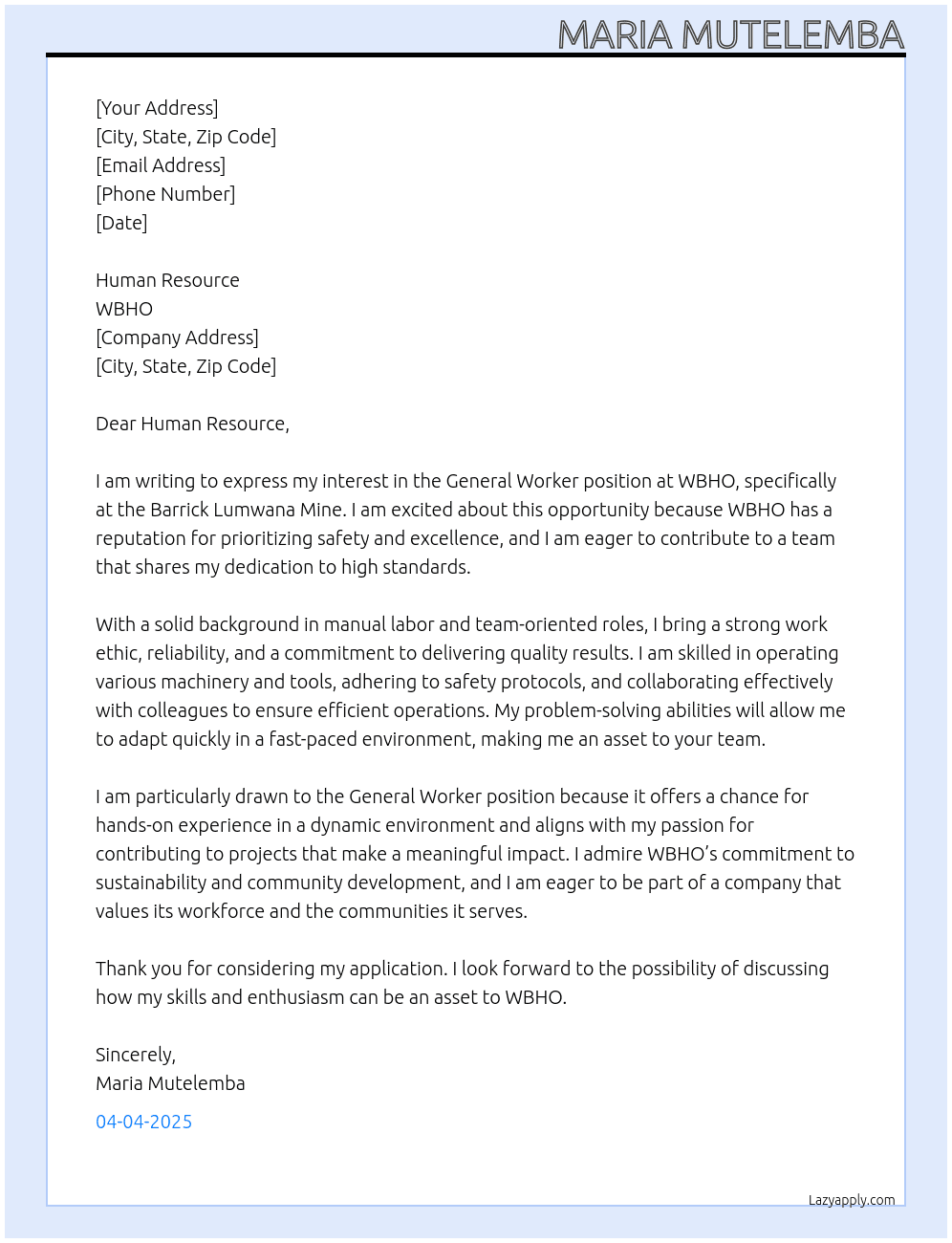 general worker At WBHO Cover Letter