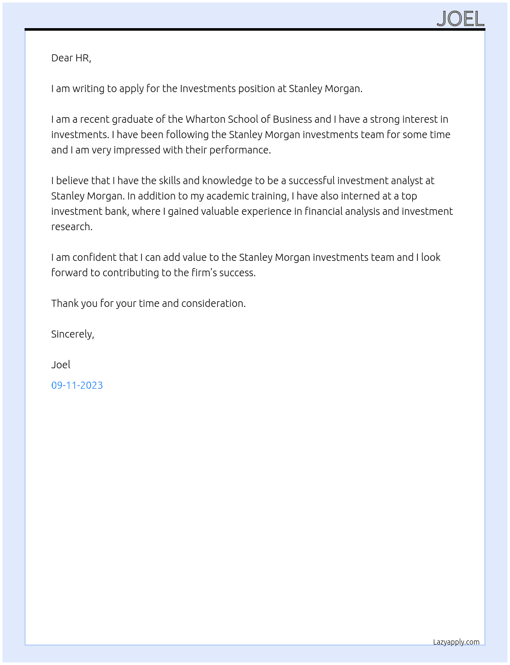 Investments At Stanley Morgan Cover Letter