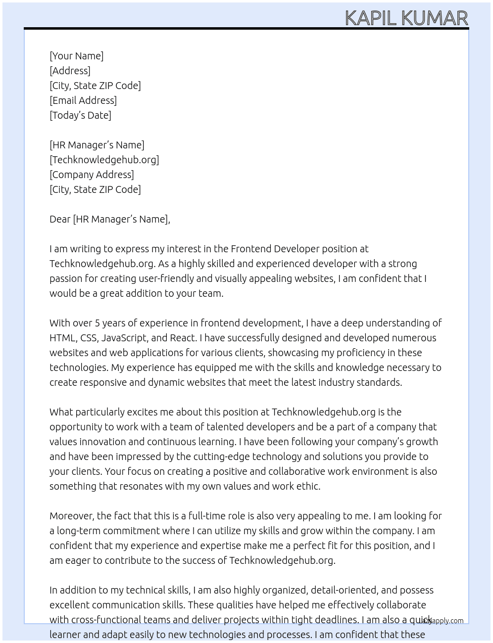 Frontend developer  At Techknowledgehub.org Cover Letter