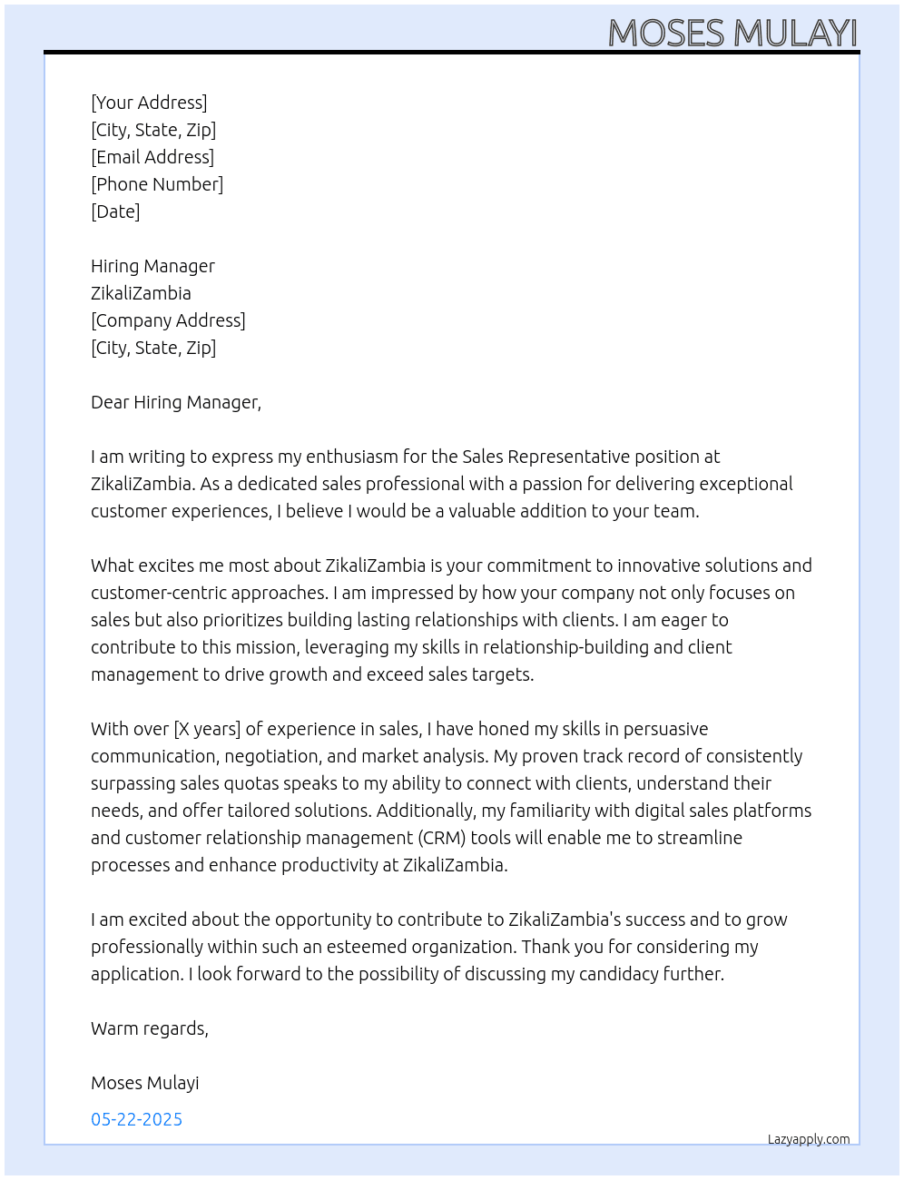 Sales Representative  At ZikaliZambia Cover Letter