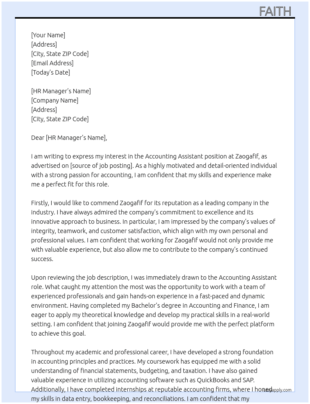 Accounting Assistant  At Zaogafif Cover Letter