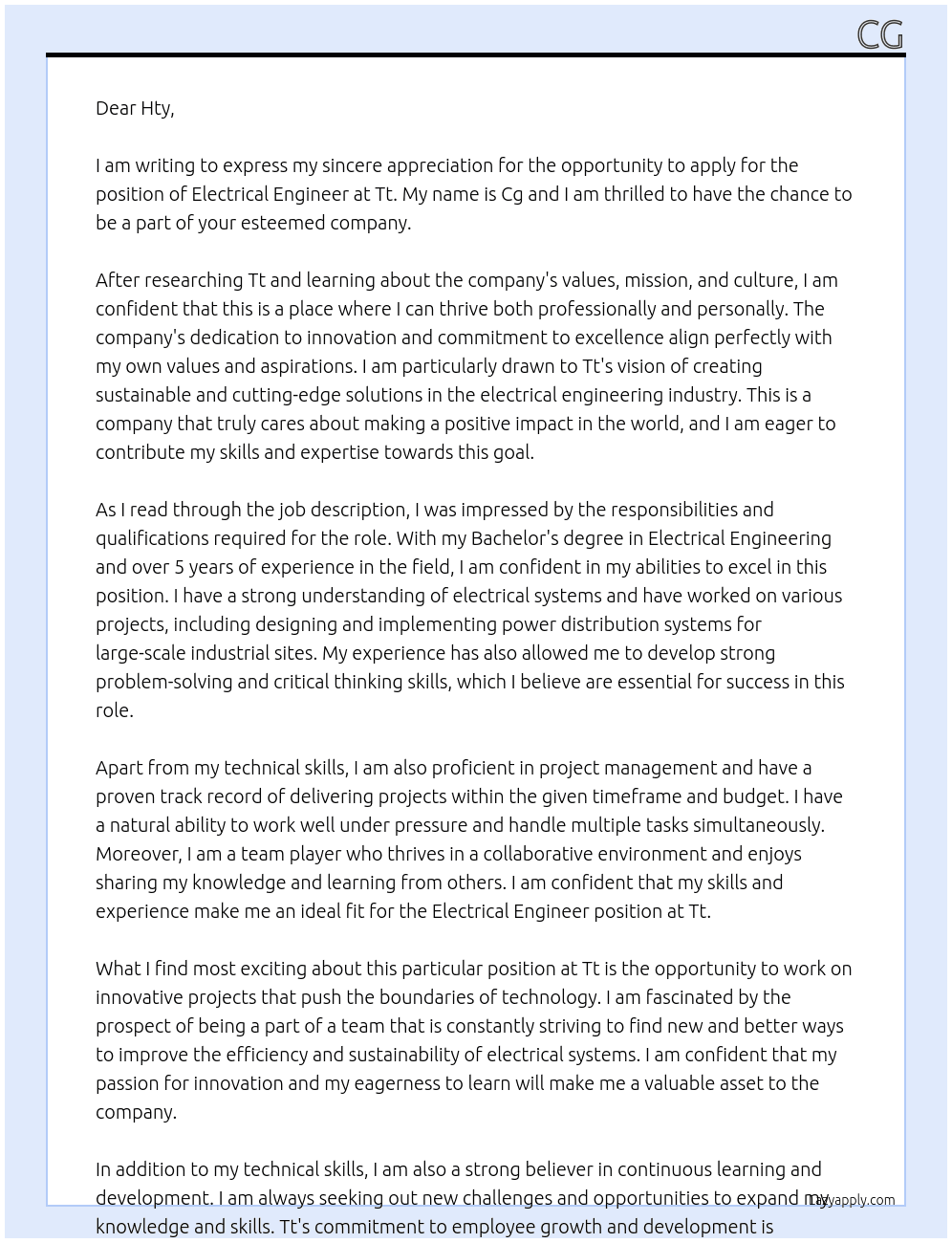 Electrical  Engineer  At Tt Cover Letter