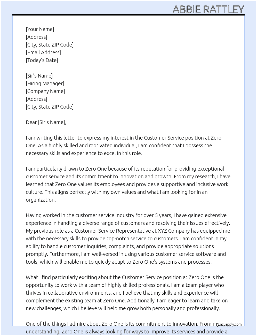 customer service At zero one Cover Letter
