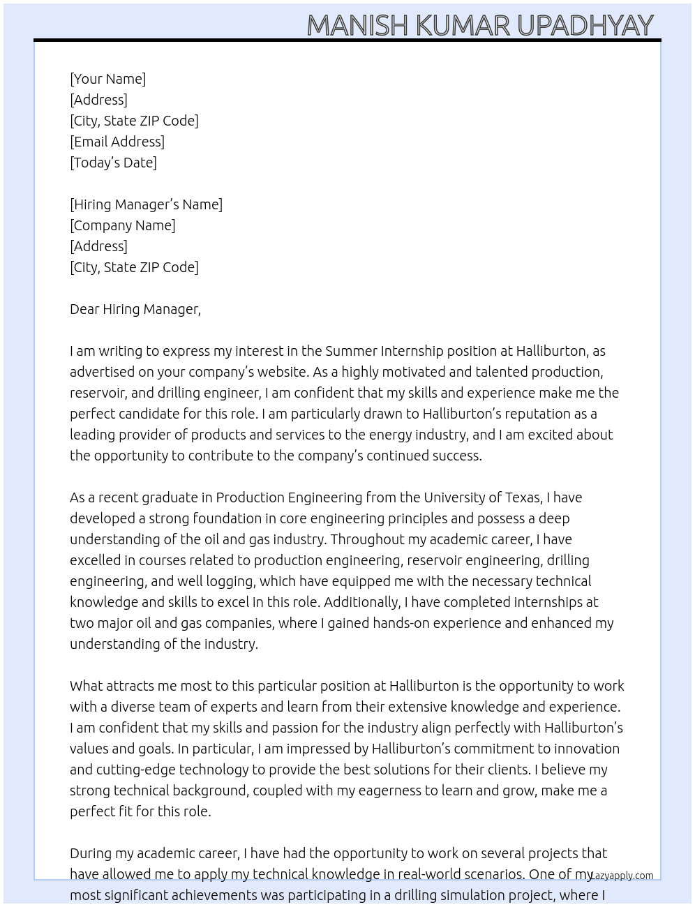 Summer internship  At Halliburton  Cover Letter