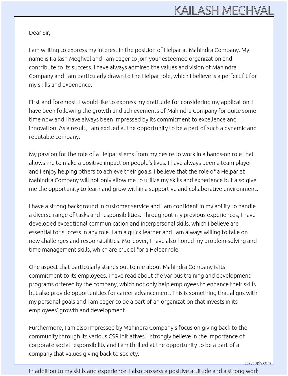 Cover letter for helpar - LazyApply