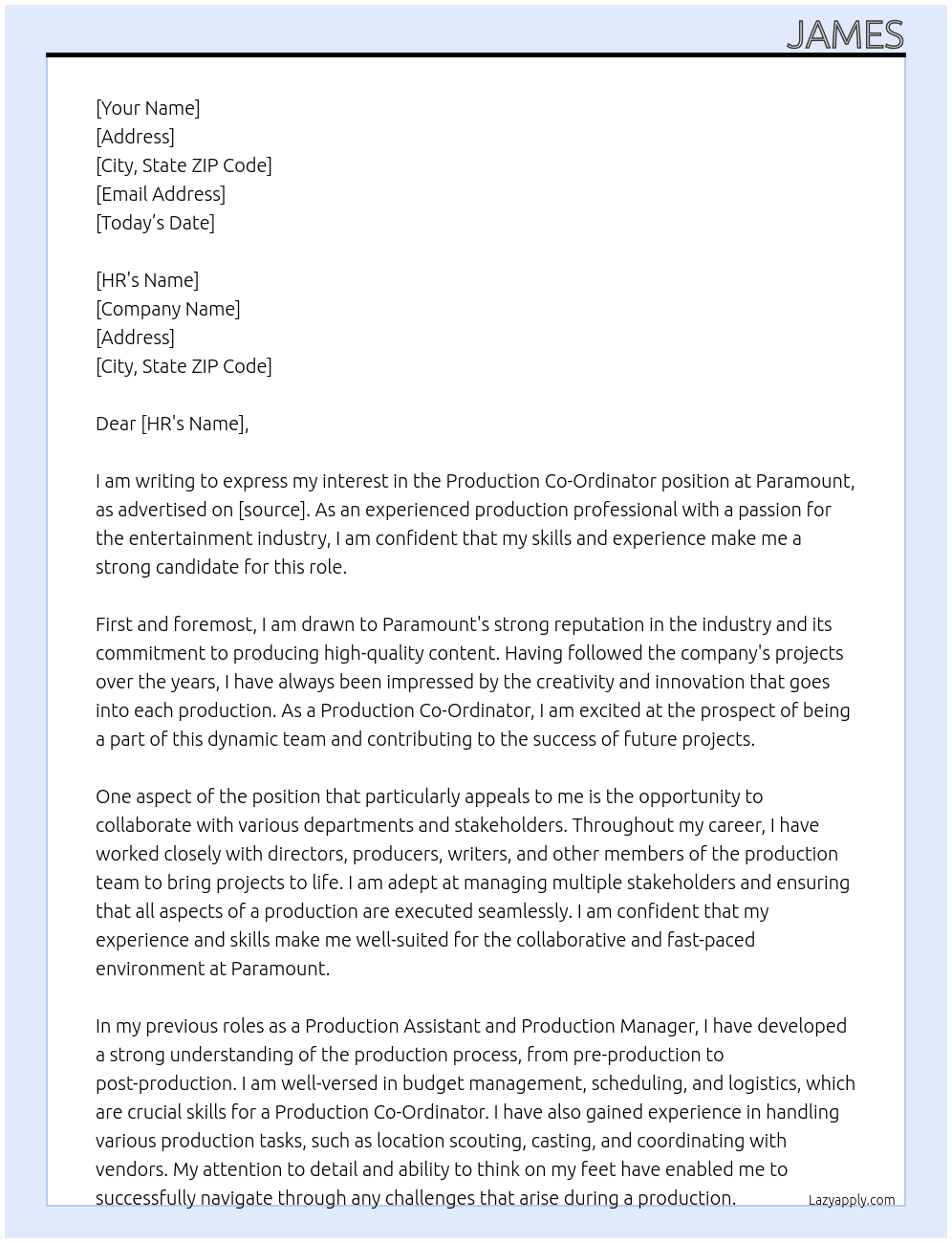 Production Co-Ordinator  At Paramount  Cover Letter