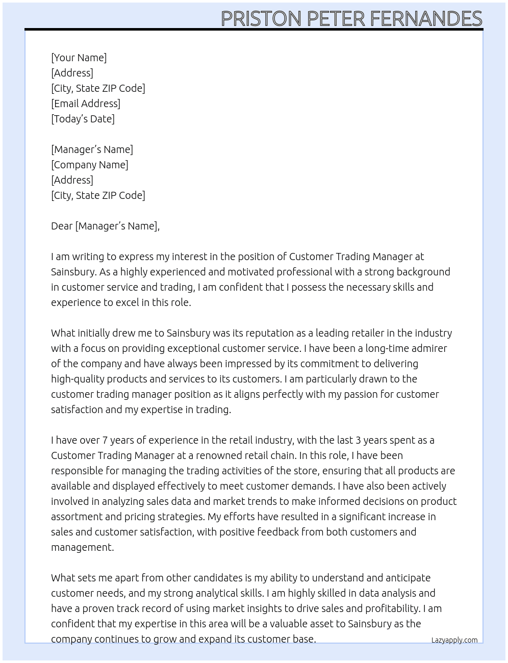 customer trading manager At Sainsbury Cover Letter