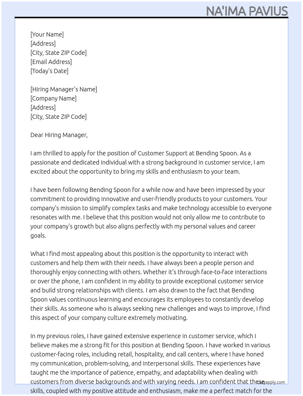 Customer Support At Bending Spoon Cover Letter