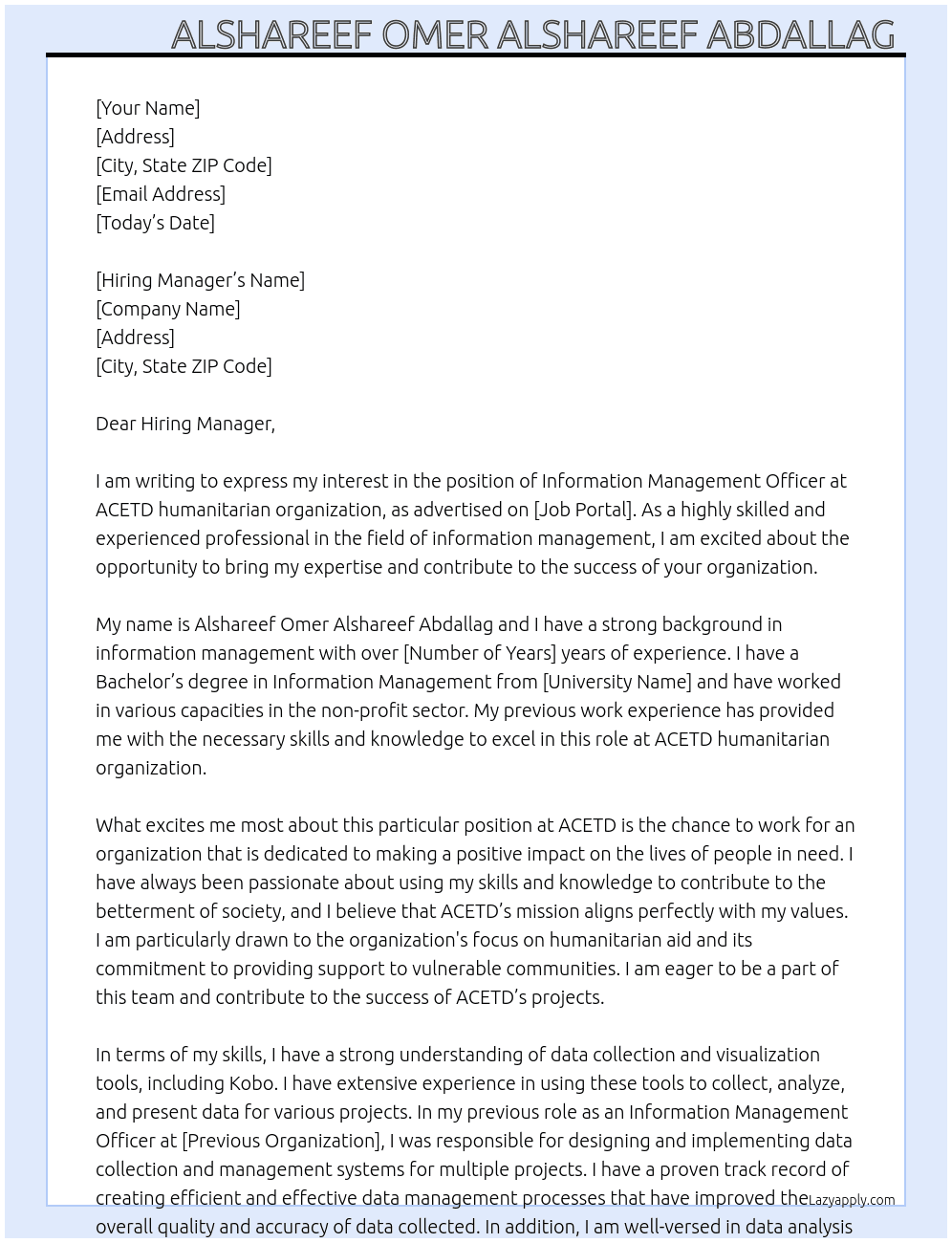 Information management officer  At ACETD humanterian organization  Cover Letter