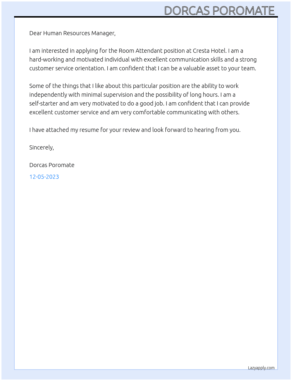  Room Attendant  At Cresta Hotel Cover Letter