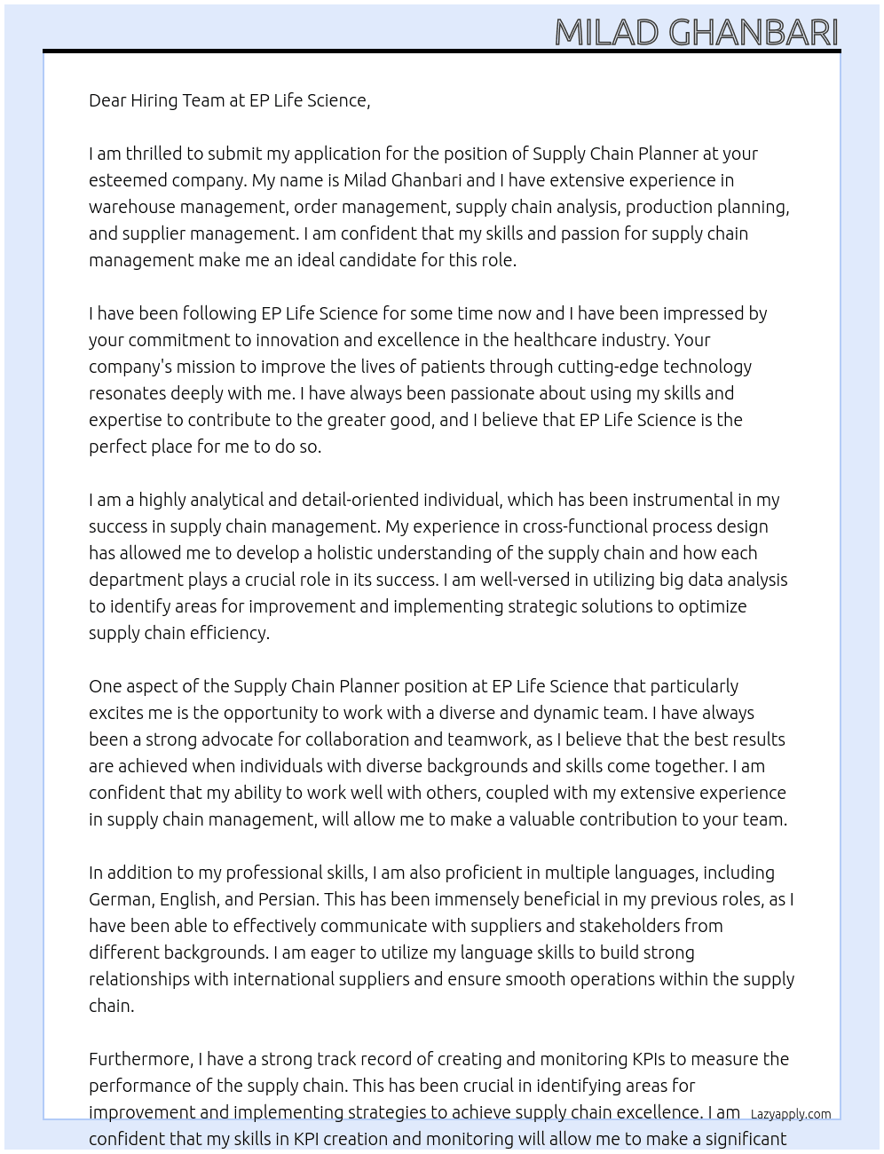 Supply Chain Planner At ep life science Cover Letter