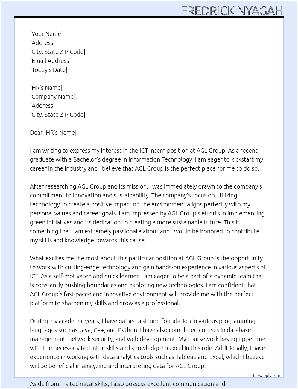 ICT INTERN At AGL group Cover Letter