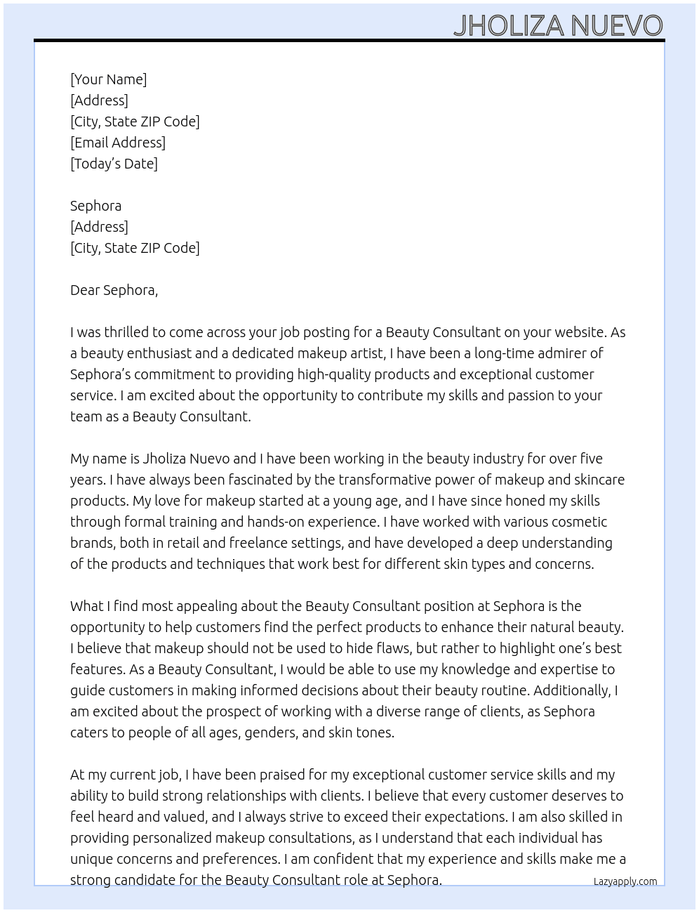 Beauty consultant At Sephora Cover Letter