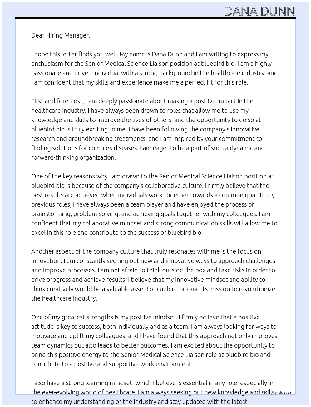 Senior Medical Science Liaison At bluebird bio Cover Letter