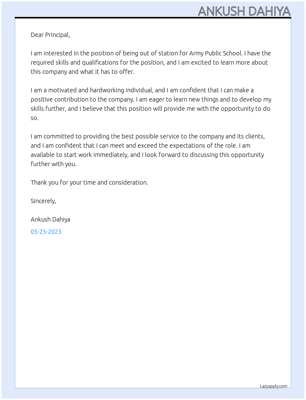 out of station At Army Public School Cover Letter