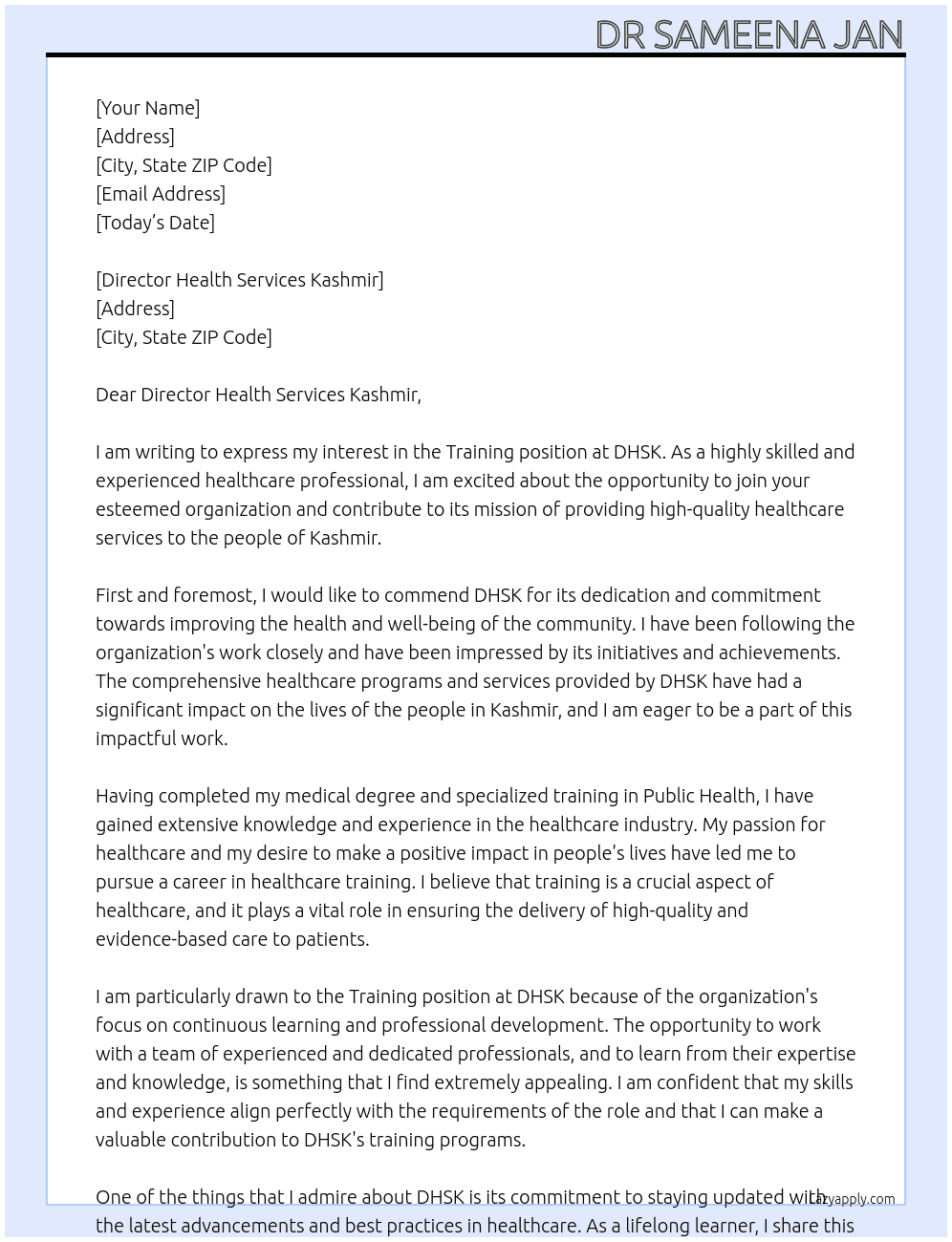 Training At DHSK Cover Letter