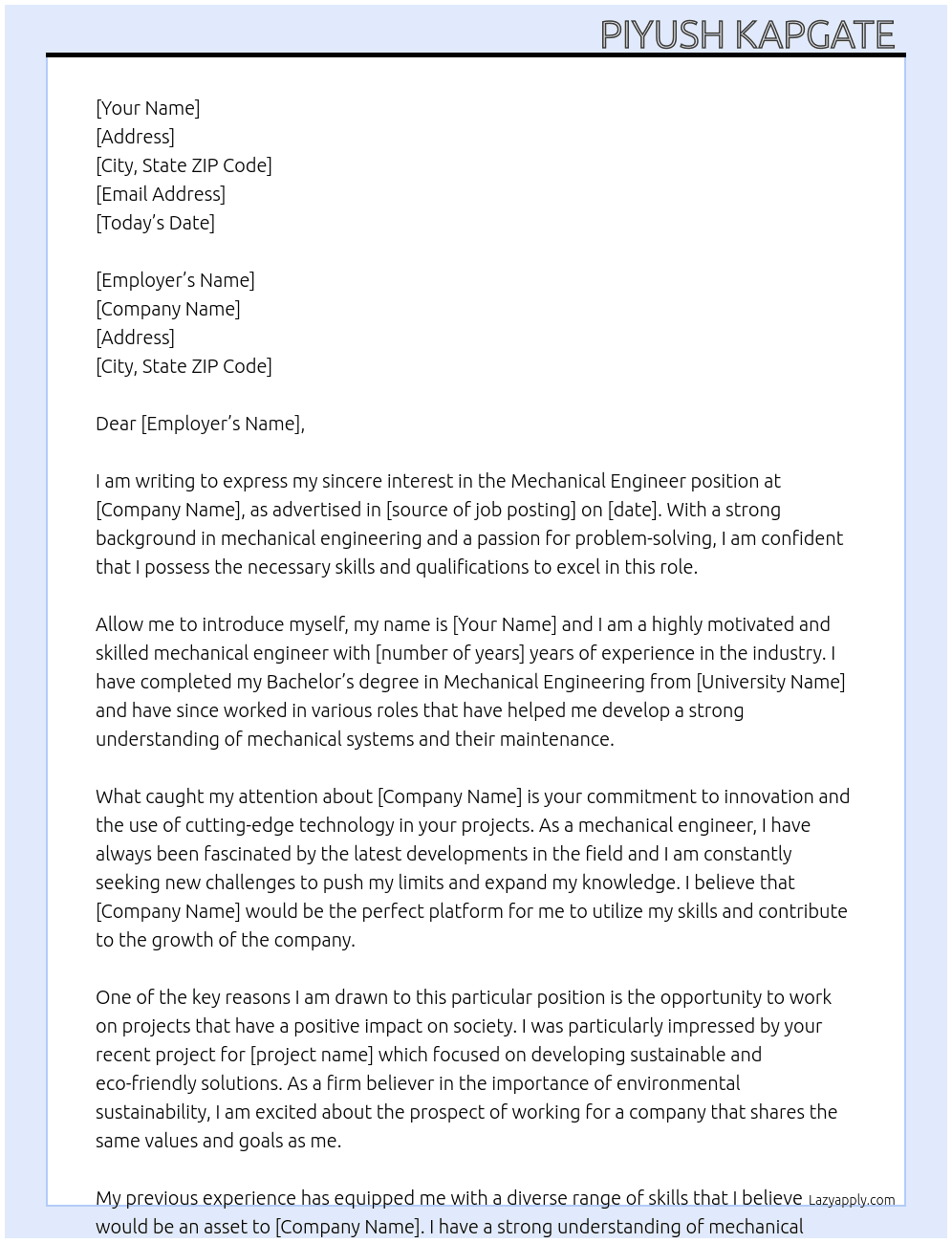 Mechanical Engineer  At Bholenath ji sending for my money 6th April 2025 Cover Letter