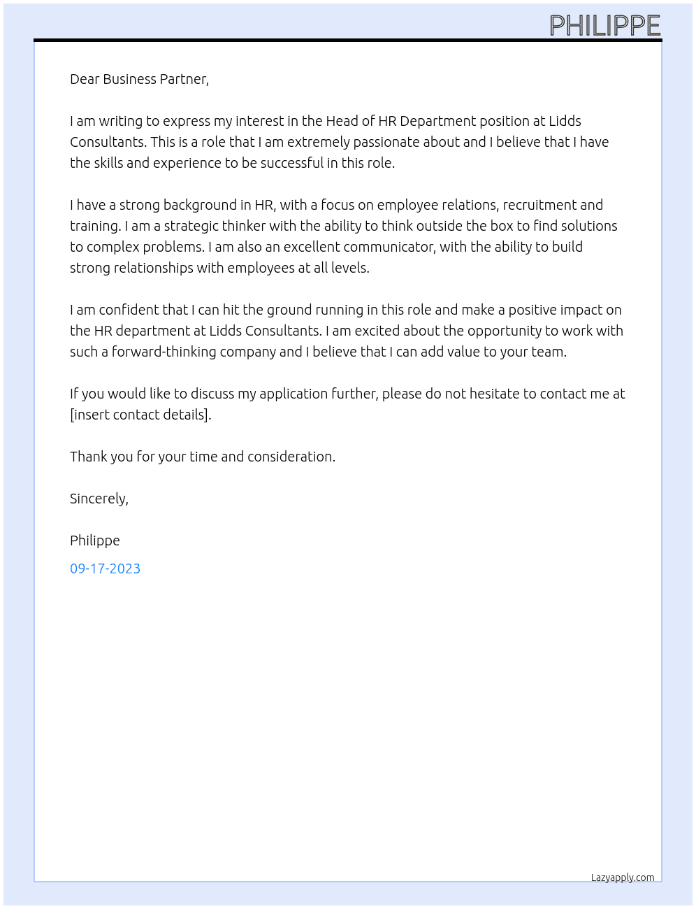 Head of HR Department At Lidds Consultants Cover Letter