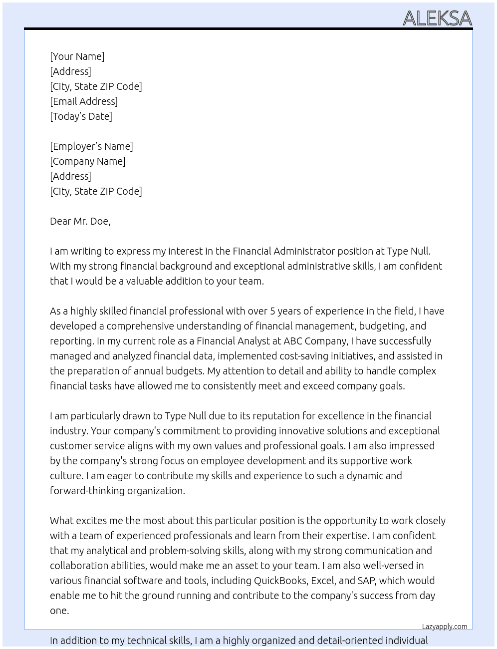 Financial administratior At Type Null Cover Letter
