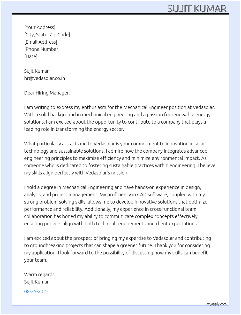 Mechanical Engineer  At Vedasolar  Cover Letter