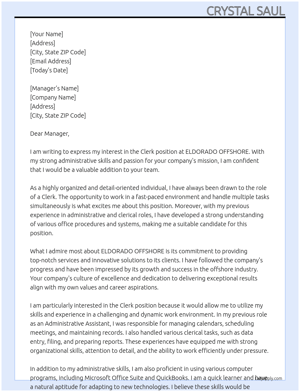 Clerk At ELDORADO OFFSHORE Cover Letter