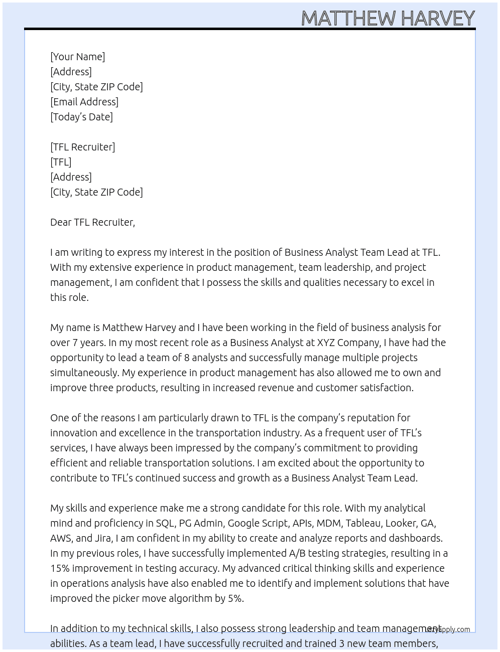 Business Analyst Team Lead At TFL Cover Letter