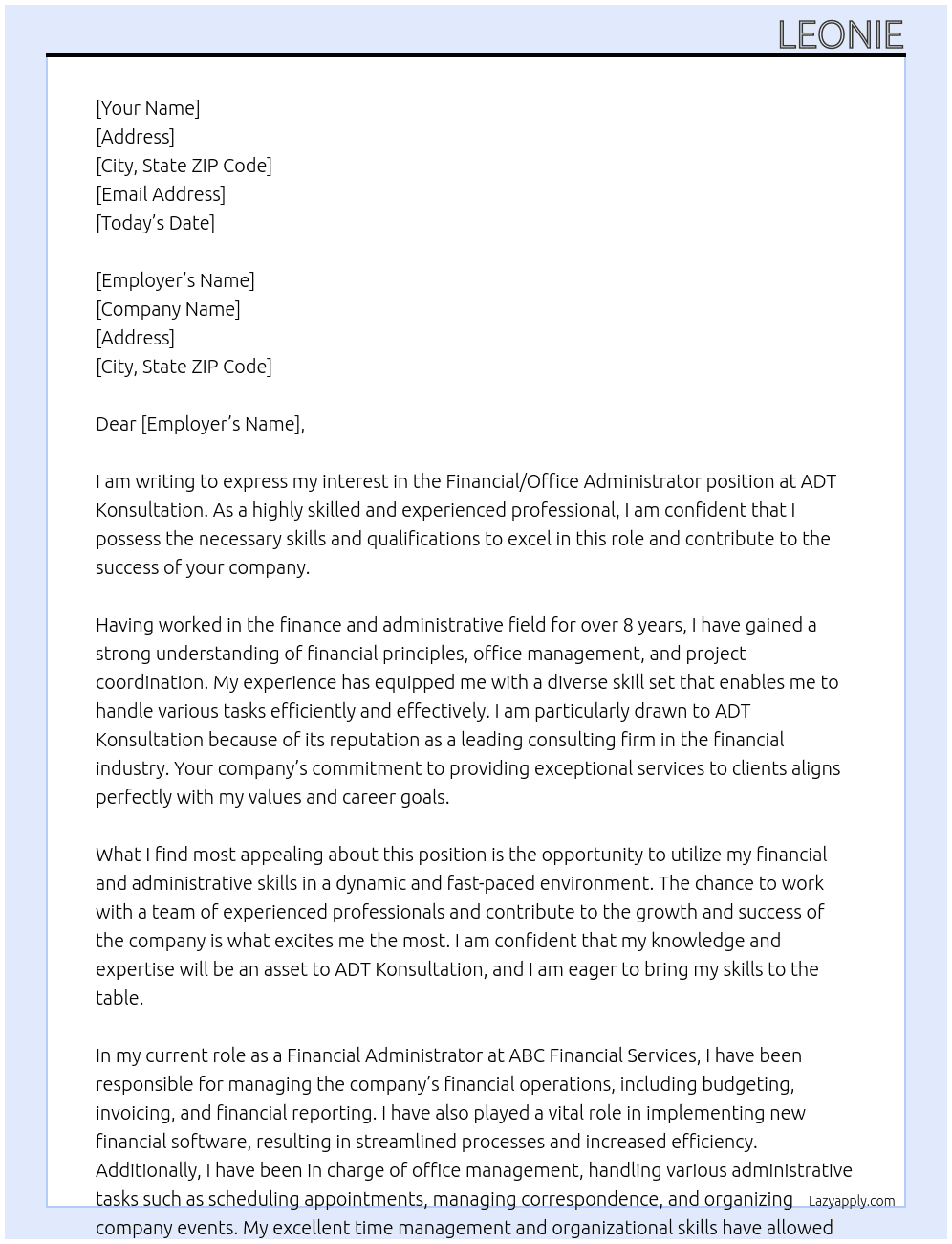 FINANCIAL/OFFICE ADMINISTRATOR At ADT KONSULTATION  Cover Letter
