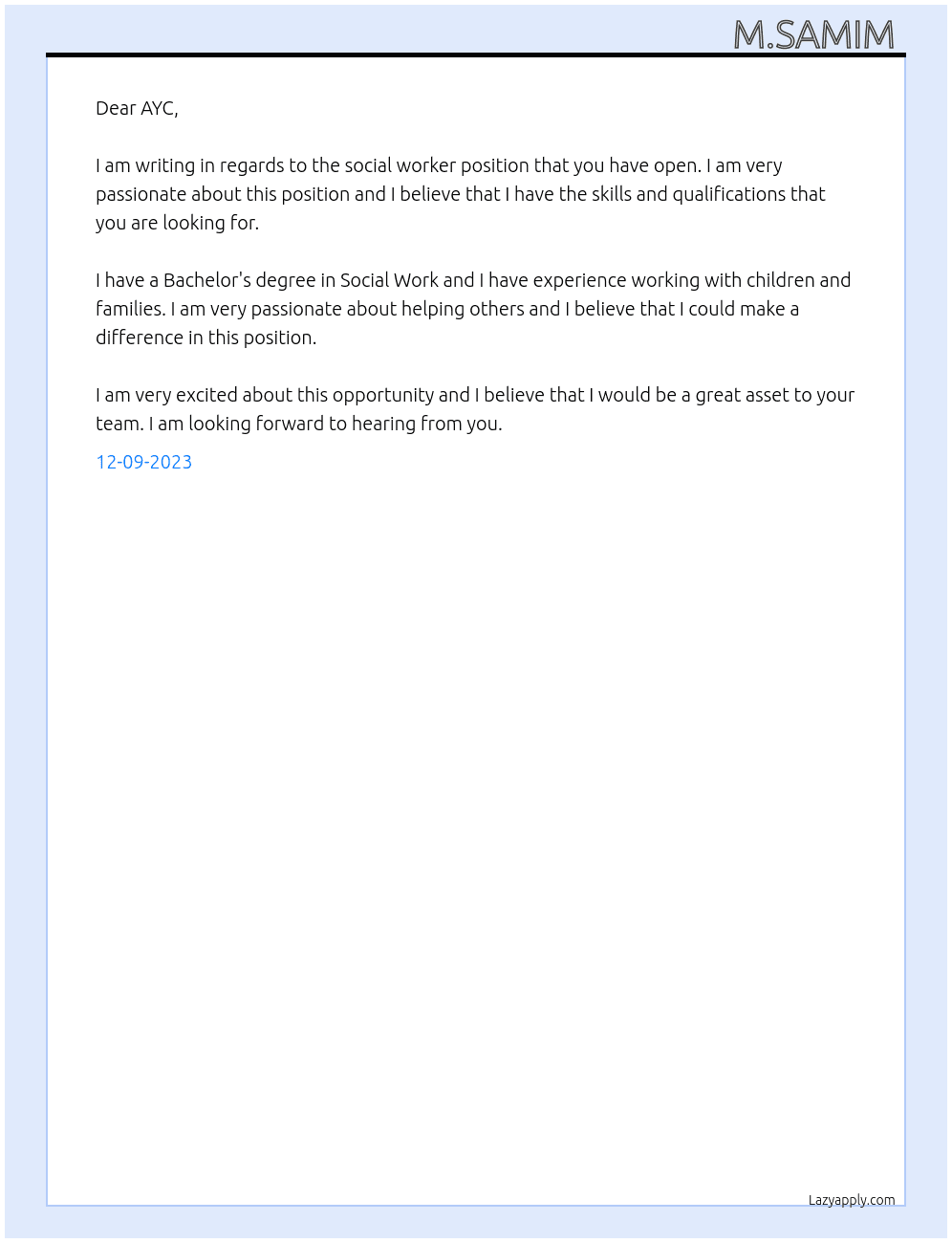 Social Worker  At AYC  Cover Letter