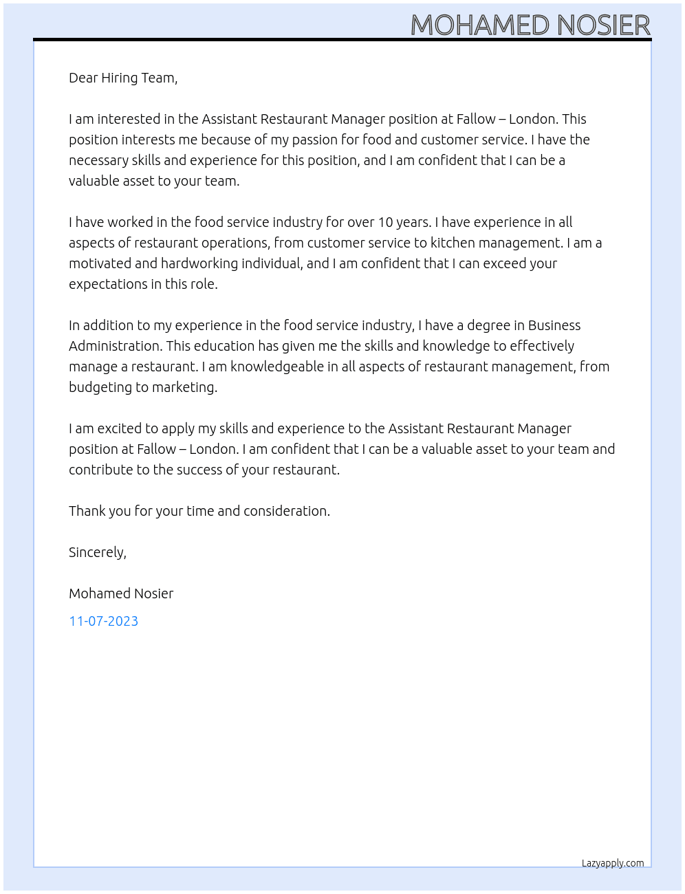 Assistant restaurant manager  At Fallow - london Cover Letter