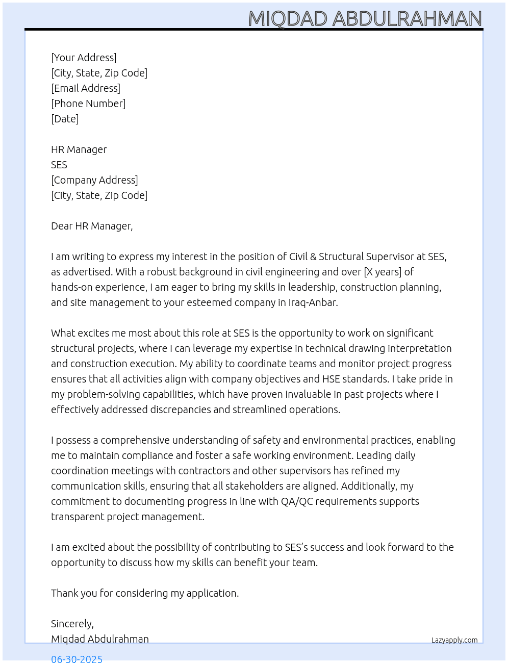 Civil & Structural Supervisor At SES Cover Letter