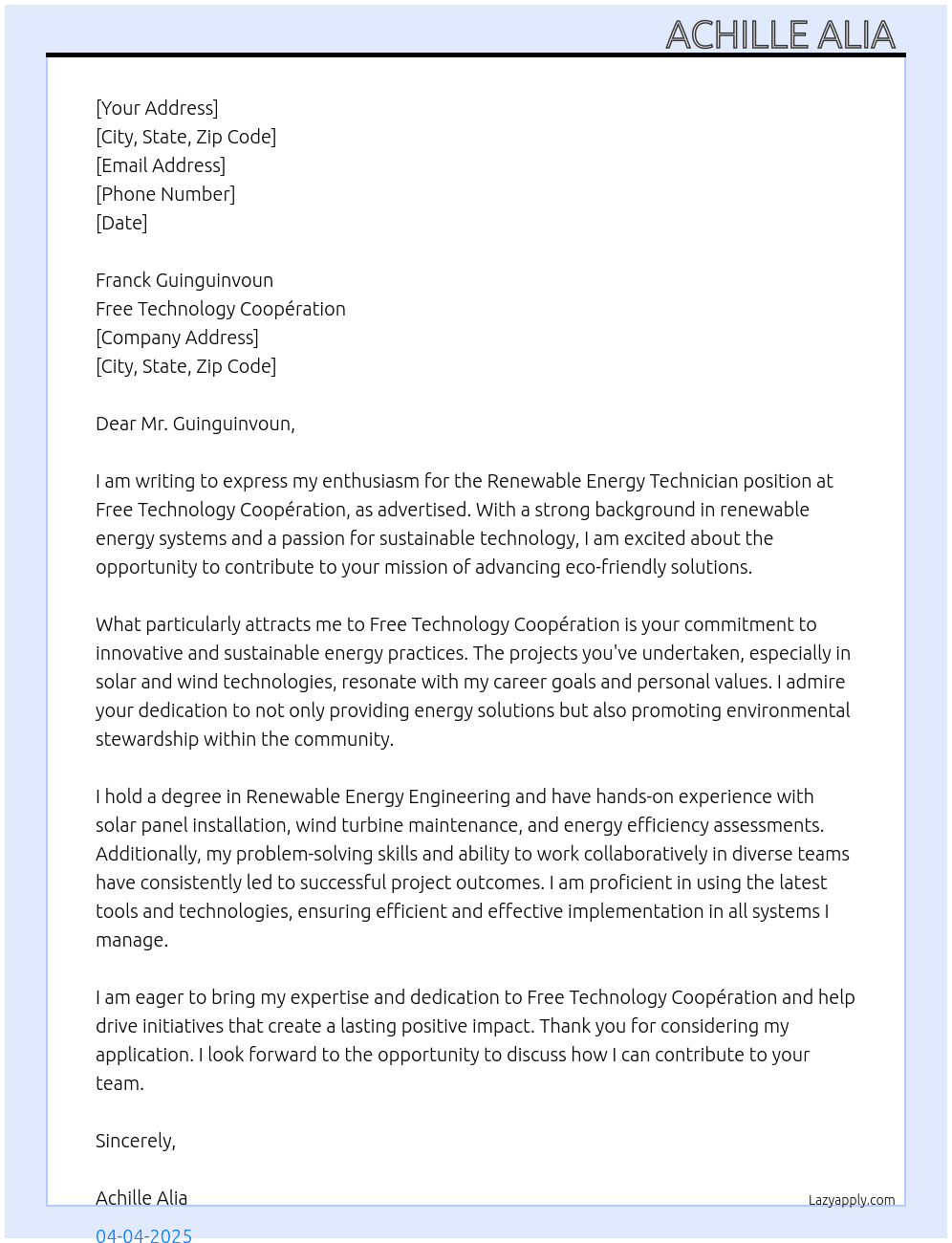 renewable energy technician At Free Technology coopération  Cover Letter