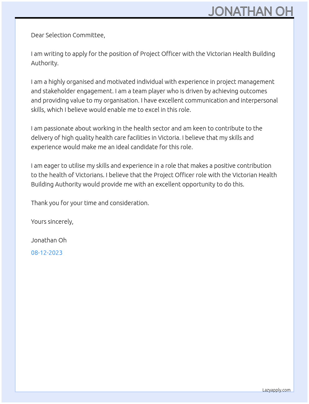 Project Officer At Victorian Health Building Authority Cover Letter