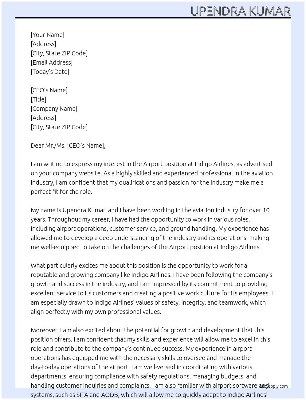 Airport At Indigo airlines Cover Letter