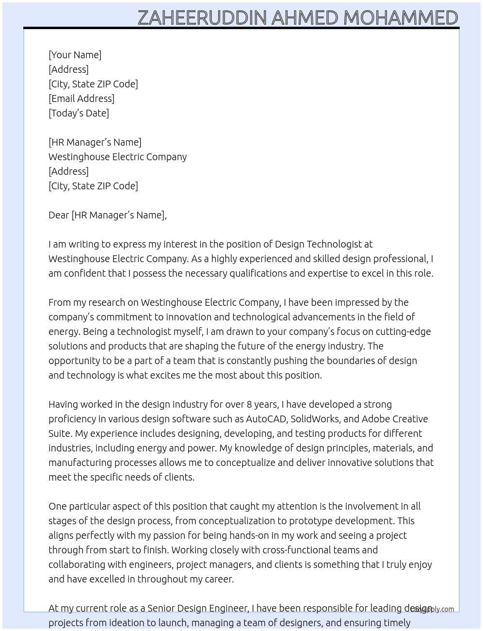 design technologist At westinghouse electric company Cover Letter